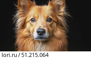 A charming golden dog sits proudly with its expressive eyes shining against a dark background, showcasing its fluffy fur and attentive demeanor. Стоковое AI-видео, аниматор Данила Большаков / Фотобанк Лори