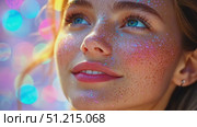 A young woman gazes upwards, her cheeks shimmering with colorful glitter, surrounded by vibrant bokeh during a sunny day. Стоковое AI-видео, аниматор Данила Большаков / Фотобанк Лори