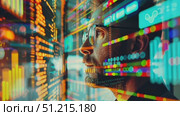 A financial analyst reviews stock market data and trends using advanced technology in a busy New York office during early morning hours. Стоковое AI-видео, аниматор Данила Большаков / Фотобанк Лори