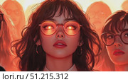 A striking young woman glows with fiery eyes, standing confidently among shadowy figures in an urban landscape as dusk sets in. Стоковое AI-видео, аниматор Данила Большаков / Фотобанк Лори