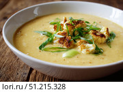 Cauliflower creamy soup with baked cauliflower florets on the top in a white bowl on a dark wood tabletop. Restaurant style dish. Hot, delicious plate of cream-of-cauliflower soup with melted cheese. Стоковое AI-изображение, AI-художник Марина Демидюк / Фотобанк Лори