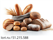 Assortment of Baked bread. Loaf of Bread. Fresh Bakery Products. Healthy Food Concept. Top View. Homemade Sourdough Bread Variety with Flour on a White Background. Wheat Spikes. Close Up. Advertising. Стоковое AI-изображение, AI-художник Марина Демидюк / Фотобанк Лори