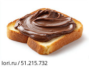 Chocolate spread on toast. Isolated piece of bread with hazelnut spread on a white background. Dark brown soft creamy chocolate texture and fresh slice of golden-brown toast. Elegant breakfast. Стоковое AI-изображение, AI-художник Марина Демидюк / Фотобанк Лори