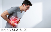 Man suffering from strong abdominal pain with highlighted red intestine hologram, person feeling sick with digestive system problems on grey background. Стоковое AI-изображение, AI-художник Павел Муравьев / Фотобанк Лори