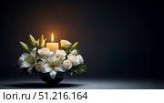 Memorial card with lily and rose arrangement, mourning and sorrow concept, celebration of life with candle flame, sad event with elegant floral bouquet. Стоковое фото, фотограф Павел Муравьев / Фотобанк Лори