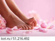 Woman's beautiful bare feet against a pink background. The soles and well-groomed toes and rose petals scattered around. Perfect skin tone. Pastel-colored backdrop for beauty and skin care advertising. Стоковое AI-изображение, AI-художник Марина Демидюк / Фотобанк Лори