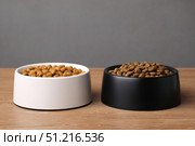 Brown Kibble Pet Food in Two White and Black Bowls. Lot of Dry Granules of Crunchy Dog or Cat Food. Animal Feed Pile. Pet Shop, Delivery. Healthy Treat. Feline Feeding. Domestic Animals Food Banner. Стоковое AI-изображение, AI-художник Марина Демидюк / Фотобанк Лори