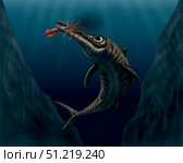 An Ophthalmosaurus catches a squid in the deep sea. Vitor Silva/Stocktrek Images/TASS. Стоковое фото, агентство ТАСС / Фотобанк Лори