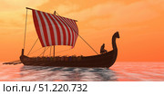A Viking longboat sails through calm ocean waters. Corey Ford/Stocktrek Images/TASS. Стоковое фото, агентство ТАСС / Фотобанк Лори