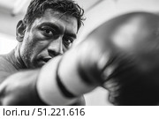 Black and white portrait depicting muscular boxer punching with intense concentration, revealing raw athletic power and unwavering commitment during rigorous training workout. Стоковое AI-изображение, AI-художник Юрий Поздников / Фотобанк Лори