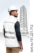 Construction professional reviewing blueprint, hardhat and safety vest signaling ongoing architectural project near skyscraper site. Стоковое AI-изображение, AI-художник Юрий Поздников / Фотобанк Лори