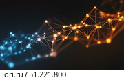 Digital plexus network glowing with orange and blue, expanding across dark background. Intricate lines connecting complex technological communication points. Стоковое AI-видео, аниматор Юрий Поздников / Фотобанк Лори