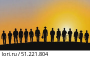 Construction team silhouetted walking together on hillside, sunset glowing behind workers, representing teamwork, strength, and shared professional commitment. Стоковое AI-видео, аниматор Юрий Поздников / Фотобанк Лори