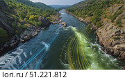 Aerial view capturing river dynamics through data visualization, flowing across rocky terrain and verdant forest landscape. Стоковое AI-видео, аниматор Юрий Поздников / Фотобанк Лори