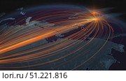 Global network visualization featuring vibrant orange lines connecting worldwide points, representing digital communication, data transmission, and international connectivity. Стоковое AI-видео, аниматор Юрий Поздников / Фотобанк Лори