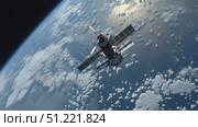 Orbital perspective revealing white clouds drifting over blue planetary surface, rotating space station silhouetted against deep cosmic darkness. Стоковое AI-видео, аниматор Юрий Поздников / Фотобанк Лори
