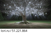 Moonlit meadow scene featuring softly glowing tags gently swinging from wishing tree branch, creating dreamy ethereal nighttime ambiance with delicate illumination. Стоковое AI-видео, аниматор Юрий Поздников / Фотобанк Лори