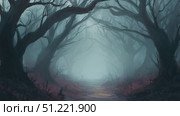 Thick fog swirling around woodland trail, shrouding distant trees and generating eerie, mysterious ambiance with shadowy, dreamlike landscape. Стоковое AI-видео, аниматор Юрий Поздников / Фотобанк Лори