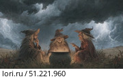 Shadowy witches brewing potion near bubbling cauldron, mystical lightning crackling through dark stormy sky, casting supernatural ethereal light. Стоковое AI-видео, аниматор Юрий Поздников / Фотобанк Лори