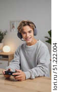 Focused teenage gamer playing video game with wireless controller, wearing headphones, intense facial expressions while gaming at home, multiple dynamic shots capturing gaming experience. Стоковое AI-видео, аниматор Юрий Поздников / Фотобанк Лори