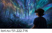 Child using virtual reality headset for metaverse, child looking into VR glasses. Little girl boy with futuristic glasses having fun, teenager playing video games. Technology, simulator, oculus future. Стоковое AI-изображение, AI-художник ALLA YURTAYEVA / Фотобанк Лори