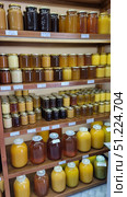A honey shop where jars with different varieties of this natural product are neatly displayed on wooden shelves. Glass jars of different sizes — from small 0.25 l to large three-liter ones — are filled with honey of all possible shades: from almost white to dark brown. The varieties are visible: buckwheat, linden, sweet clover, hawthorn and others. There are price tags under each row. The interior is dominated by wooden shelves, creating an atmosphere of home comfort. On some shelves you can also see nuts in honey, herbal infusions and souvenirs, which gives the room the flavor of a farmer's shop. Стоковое фото, фотограф Анна Кривицкая / Фотобанк Лори