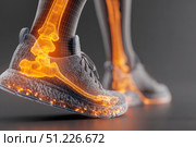 Leg with ankle joint pain icon. Foot wearing running shoes showing the bones in the ankle area. Grey floor. Feet with red effect of painful injury problems. Legs with anatomical detail glowing orange. Стоковое AI-изображение, AI-художник Марина Демидюк / Фотобанк Лори
