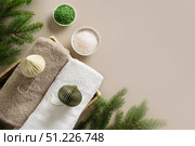 Christmas Spa concept with cosmetic aroma accessories, pine cones. Стоковое фото, фотограф Светлана Лажко / Фотобанк Лори