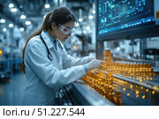 A young female scientist in a white lab coat with a stethoscope around her neck. She works in a modern pharmaceutical production facility, carefully checking ampoules or vials of liquid on a conveyor line. She is wearing protective glasses and gloves, which emphasizes the high level of biosafety. In the background, a large monitor with technical diagrams and data reflecting the automation of the process is visible. The atmosphere of the image conveys high technology, a scientific approach and strict quality standards in medicine and pharmaceuticals. Стоковое AI-изображение, AI-художник Анна Кривицкая / Фотобанк Лори
