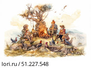 A watercolor illustration with the atmosphere of a rural idyll. Several elderly men are sitting by a fire under an old tree, chatting and reading books. Birds have gathered around them - pigeons, chickens, roosters, creating a sense of harmony between people and nature. The background is filled with light and light clouds, and mountain landscapes are visible beyond the horizon. The painting conveys coziness, tranquility and friendly communication, filled with simplicity and warmth. The artistic style emphasizes the details - the texture of the stone, the feathers of birds and the wrinkled faces of old people. Стоковое AI-изображение, AI-художник Анна Кривицкая / Фотобанк Лори