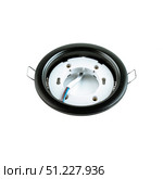 Round black metal recessed ceiling light fixture frame for spotlights, used for mounting lamps in a stretch ceiling and lighting equipment store. Стоковое фото, фотограф Татьяна Терехина / Фотобанк Лори