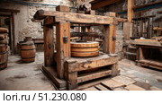 Traditional wooden grape press in a rustic winemaking cellar during harvest season. Стоковое AI-изображение, AI-художник Александр Довянский / Фотобанк Лори