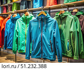 Colorful Softshell Windbreakers Hanging In A Clothing Store. Generative AI. Стоковое AI-изображение, AI-художник Roman Zavorotny / Фотобанк Лори