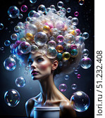 Woman With Rainbow Bubbles In Her Hair. Generative AI. Стоковое AI-изображение, AI-художник Roman Zavorotny / Фотобанк Лори