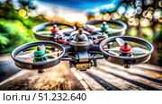 Tiny Whoop Drone Hovering Over Wooden Surface in Green Foliage. Generative AI. Стоковое AI-изображение, AI-художник Roman Zavorotny / Фотобанк Лори