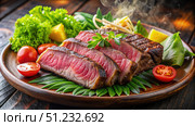 Sizzling Japanese Ohmi Gyu Beef Steak With Fresh Greens. Generative AI. Стоковое AI-изображение, AI-художник Roman Zavorotny / Фотобанк Лори