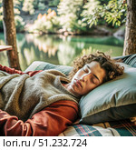 Tranquil Nap by the Lake Under a Canopy of Trees. Generative AI. Стоковое AI-изображение, AI-художник Roman Zavorotny / Фотобанк Лори