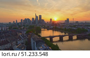 Frankfurt am Main Downtown City Skyline at Sunset. Aerial View. Hesse, Germany. Стоковое видео, видеограф Максим Забаровский / Фотобанк Лори