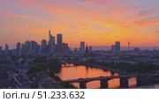 Frankfurt am Main Downtown City Skyline at Sunset. Aerial View. Hesse, Germany. Стоковое видео, видеограф Максим Забаровский / Фотобанк Лори