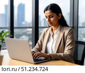 Woman working on laptop in office near window with view of city skyscrapers. Стоковое AI-изображение, AI-художник Ирина Самойлова / Фотобанк Лори