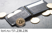 Crypto-currency: Leather wallet with metal bitcoin coins. Стоковое фото, фотограф Енваев Андрей / Фотобанк Лори