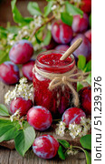Fresh Plums and Blossoms Surround Homemade Jam in a Rustic Setting During Summer. Стоковое AI-изображение, AI-художник Юлия Гапеенко / Фотобанк Лори