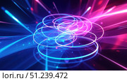 Glowing neon circles rotating and creating energy flows in digital space. Стоковая иллюстрация, иллюстратор David Kashakhi / Фотобанк Лори