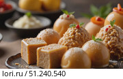 Traditional Indian sweets arranged on a plate with decorative elements. Стоковое AI-видео, аниматор KATERINA AI / Фотобанк Лори