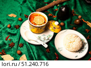 Still Life With Chinese Soup, Rice, and Spices on Emerald Green Velvet. Стоковое фото, фотограф Aleksandr Golubev / Фотобанк Лори