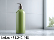 Green cosmetic plastic bottle with pump packaging for cream, lotion, medicine, shampoo or liquid soap on light bathroom background. Clean bath. Blank skincare beauty product tube template. Empty jar. Стоковое AI-изображение, AI-художник Марина Демидюк / Фотобанк Лори