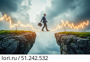 Businessman walking on a volatile stock market graph tightrope, a concept of navigating financial crisis and investment uncertainty. Стоковое AI-изображение, AI-художник Павел Муравьев / Фотобанк Лори
