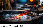 Crafting a traditional sword with fire and water in a blacksmith workshop during the day. Стоковое AI-изображение, AI-художник Александр Довянский / Фотобанк Лори