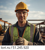 Profession builder - portrait of a man in work clothes and a construction helmet. AI generated. Стоковое AI-изображение, AI-художник Андрей Аркуша / Фотобанк Лори