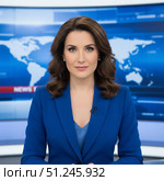 Profession of a TV announcer - portrait of a beautiful young woman in blue jacket. AI generated. Стоковое AI-изображение, AI-художник Андрей Аркуша / Фотобанк Лори